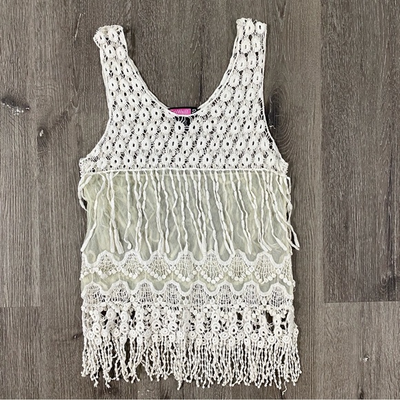 SAY WHAT? Floral Boho Crochet Lace Fringe Sheer Sleeveless Tank Size Large y2k - Picture 1 of 5